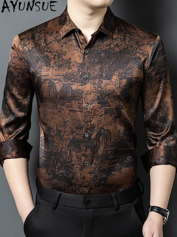 AYUNSUE 90.8% Natural Mulberry Silk Shirt Man Clothes 2026 Fashion Printed Long Sleeve Shirts Casual Thin Tops Men's Shirts New
