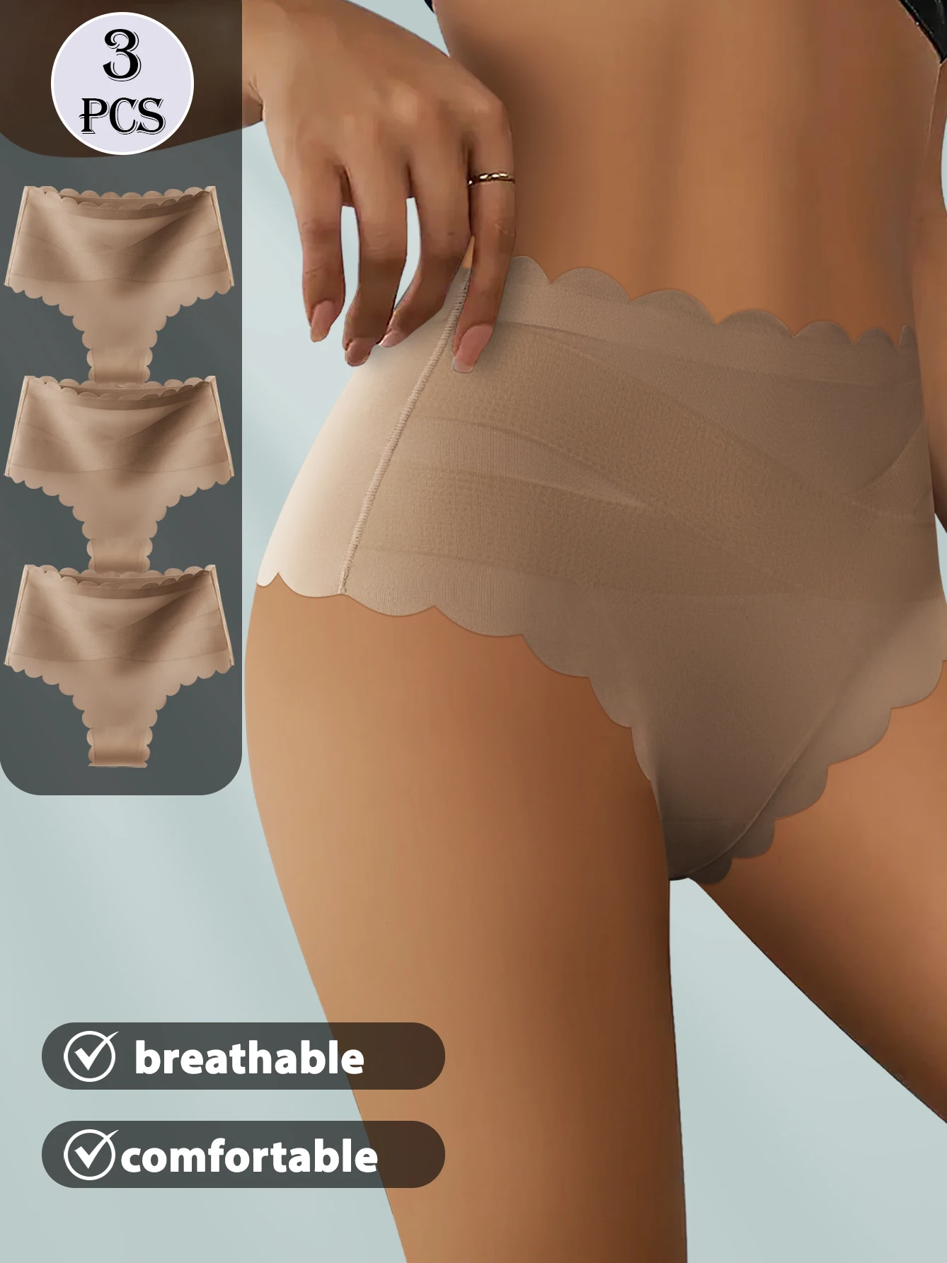 

Комплект из 3 бесшовных трусов с эффектом утяжки живота для женщин: дышащие, мягкие, с волнистым краем, подтягивающие ягодицы, высококачественные повседневные трусики