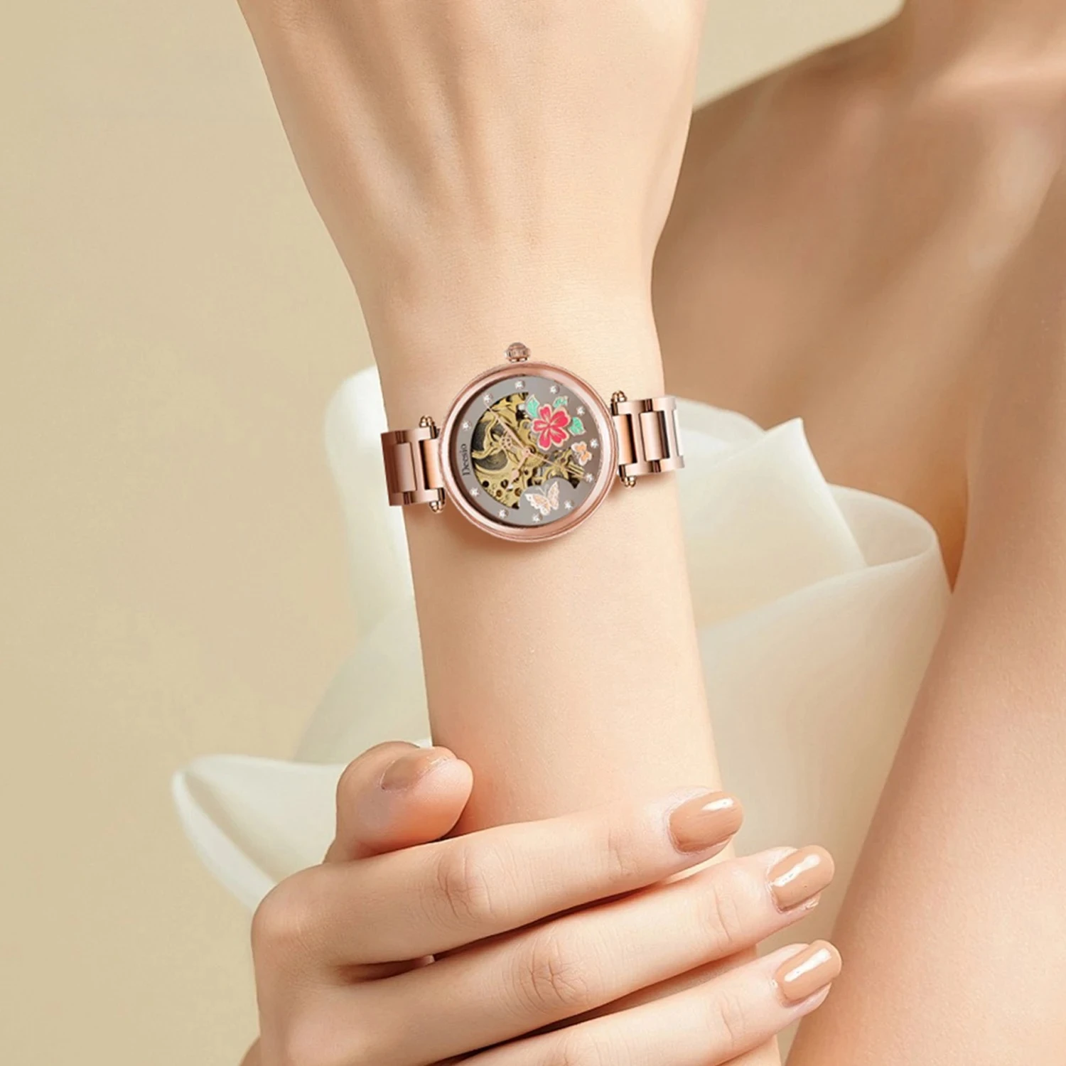 Deesio Women's Mechanical Luxury Watch with Floral Butterfly, Stainless Steel Band,Hollow Dial,Inlaid Crystal Markers,Waterproof