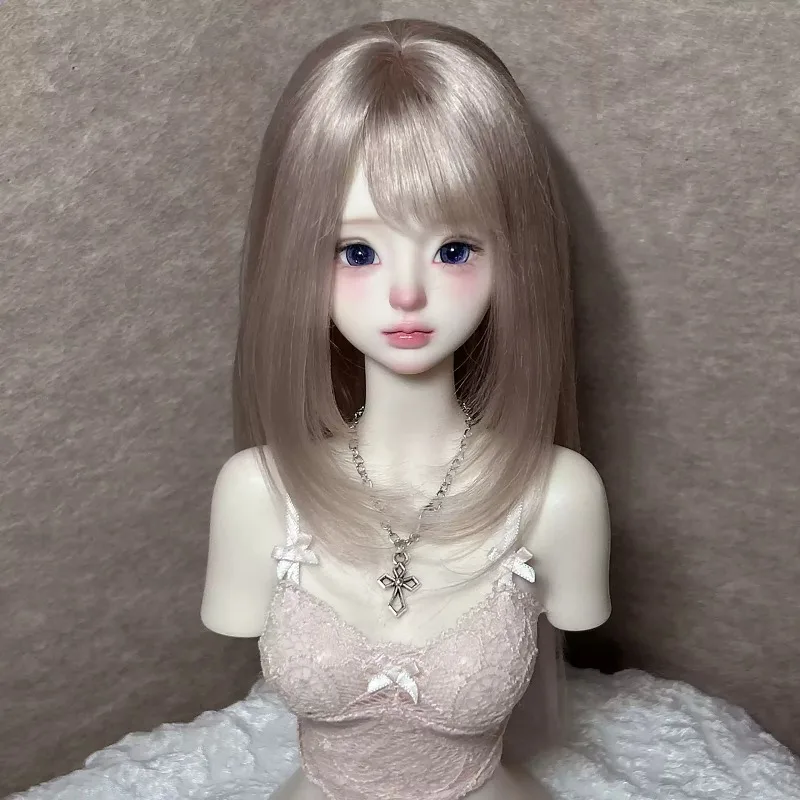 BJD Doll Russian Mohair Wig High‑Layer  Straight Hair Beige‑Grey with Elastic Hair Net for 1/3 1/4 1/6 BJD Doll Hair Accessories