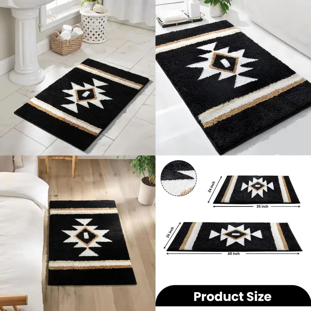 

Luxury Black Boho Bath Mat, Non-Slip, Soft & Absorbent, Geometric Pattern, 24x36 for Modern Farmhouse Decor