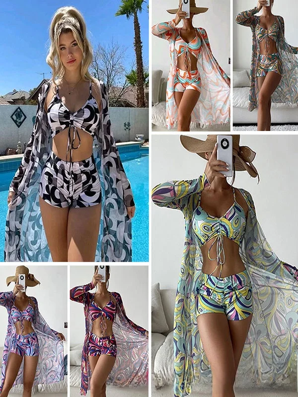 

Women's High-Waist Long-Sve Swimsuit Two-Piece Set with Ins Cover-Up And Briefs Beach Play And Hot Spring Use Polyester Ma...