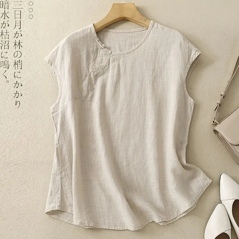 Casual Short Sleeve T-shirts for Woman O-collar Loose Cotton and Linen Vest Vintage Tank Top Basic Solid Top Women Summer New