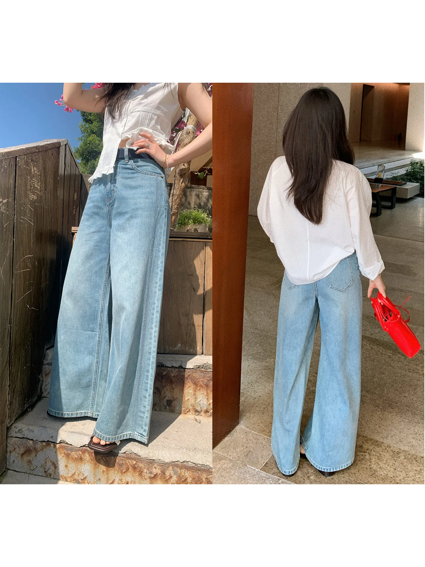 

Casual Light Blue Straight Leg Jeans Women's Spring Summer Pants Elegant Commute Trousers for Petite Ladies by Yilang