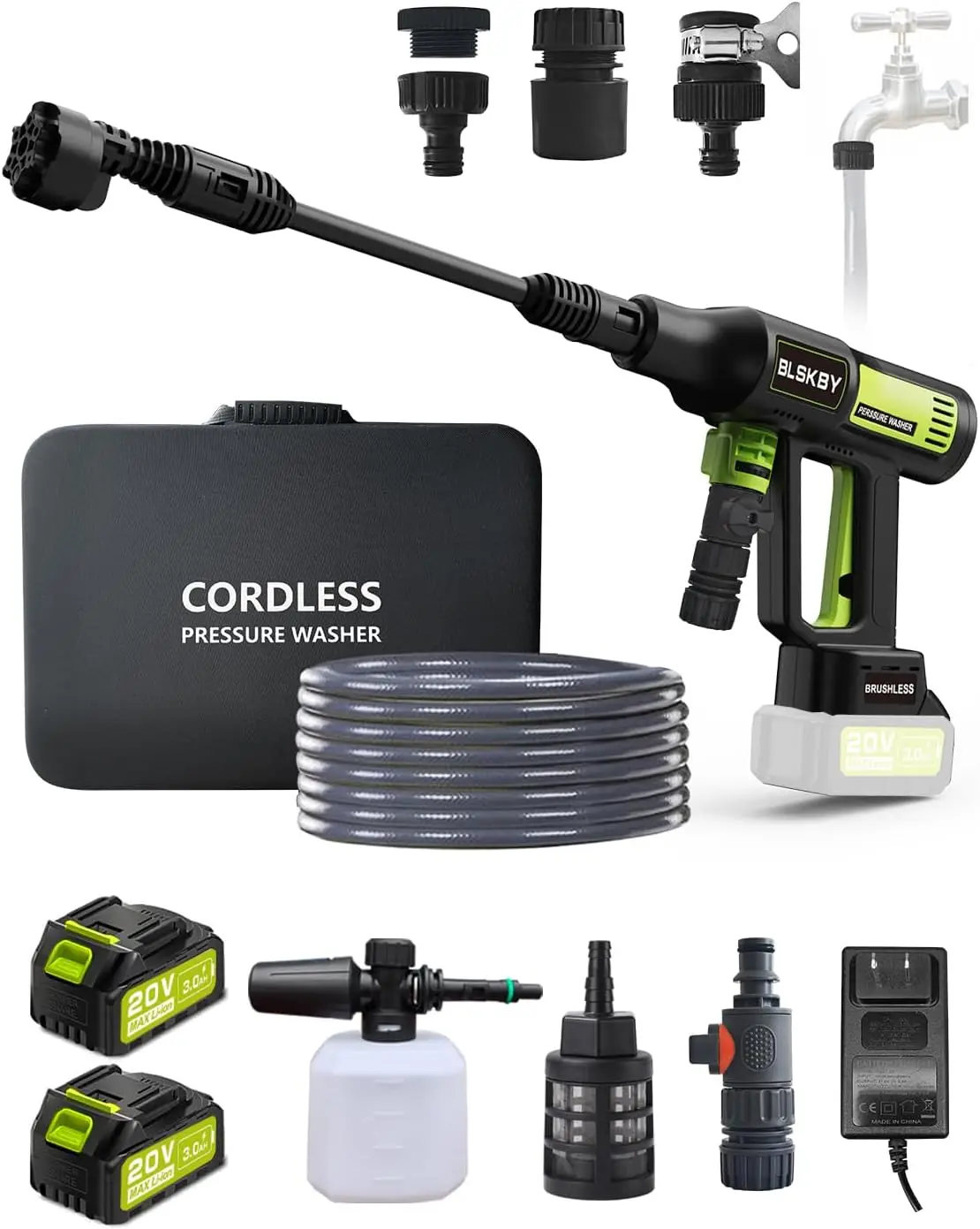 

Портативная беспроводная мойка высокого давления 1200 фунтов на квадратный дюйм с адаптером для крана, 2 батареями, насадкой 6-в-1, сенсорным ЖК-экраном, работает от батареи.