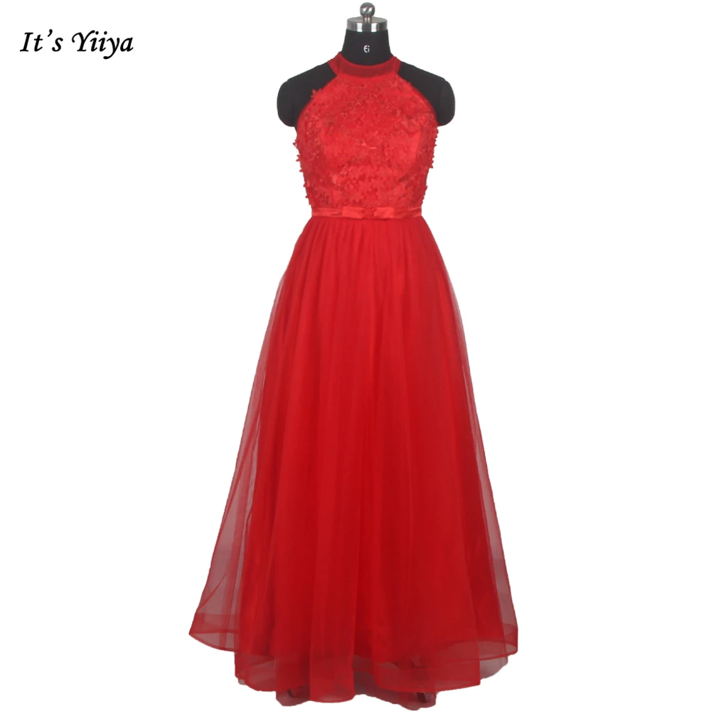 

It's YiiYa Evening Dress Red Tulle Halter neck Sleeveless Zipper Back A-line Floor Length Plus size Women Party Dresses WZ001