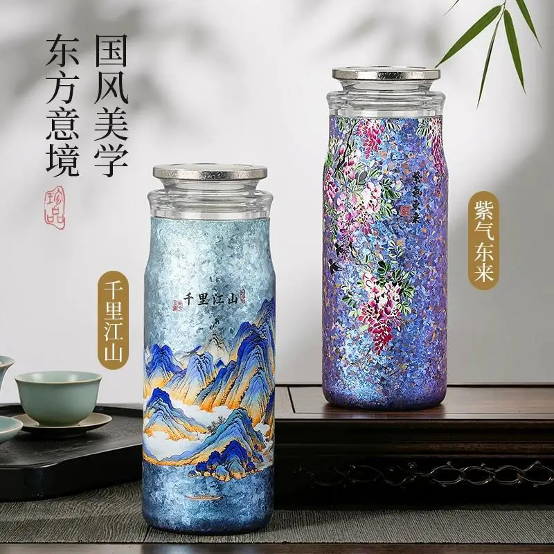 380ml Pure Titanium Thermal Water Bottle with strainer and pattern, double-layer vacuum drinking set, festival gift,Thermos Cup