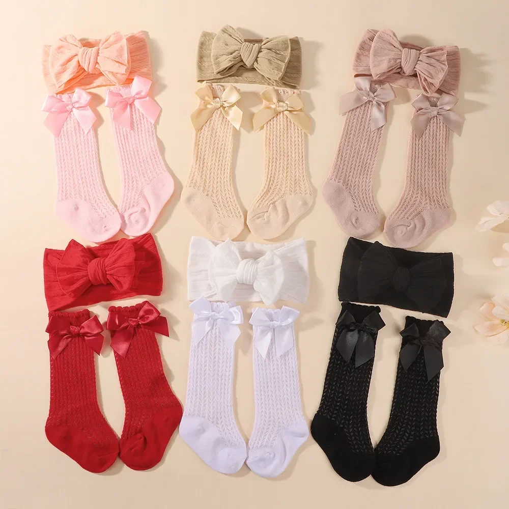 

2Pcs Baby Cute Bow Headband Long Socks Set Infant Soft Nylon Hairband Girl Elastic Turban Soft Bow Sock Newborns Headwear