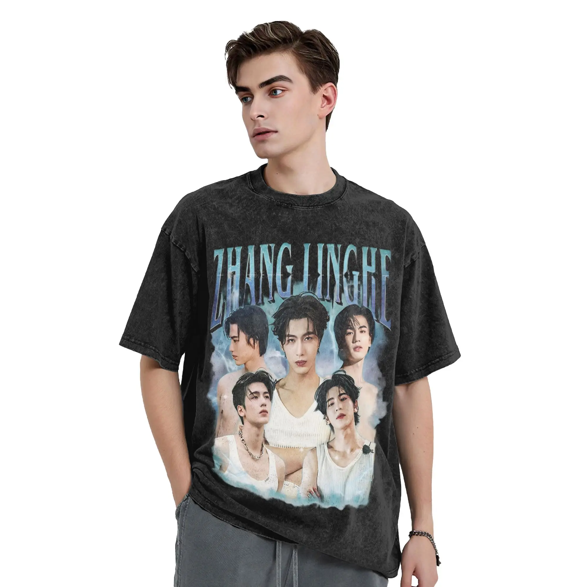 Zhang LingHe Washed T Shirt Streetwear Hip Hop T-Shirt C-Drama Actor Tee Shirt for Men Women Short Sleeve High Street Printed
