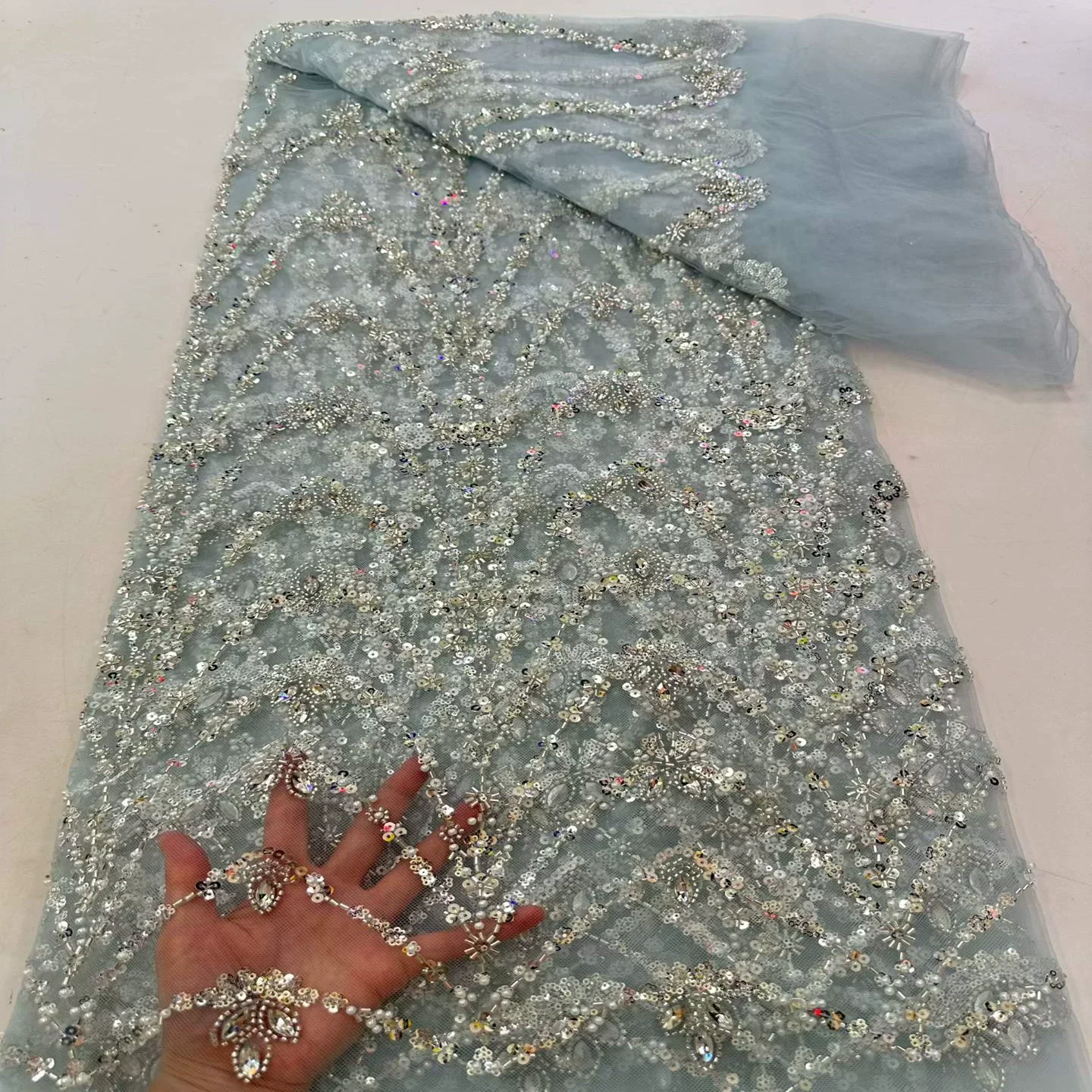 5yard soft mesh telas Pearl tube sequin embroidery fabrics for patchwork clothing cheongsam Wedding dresses DIY handmade fabric
