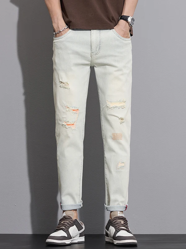 

Мужские джинсы премиум-класса с эффектом потертости и пэчворком, облегающие, повседневные, модные, легкие, эластичные, с узкими прямыми штанинами, длинные брюки