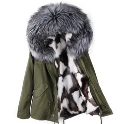 Maomaokong abbigliamento donna fodera in pelliccia di volpe naturale giacca invernale parka verde militare grande vera pelliccia di procione collo cappotto di pelliccia con cappuccio