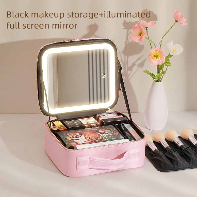 Makeup Travel Train Case with LED Lighted Mirror, 3 Color Adjust Settings, Travel Makeup Bag With Adjustable Dividers,