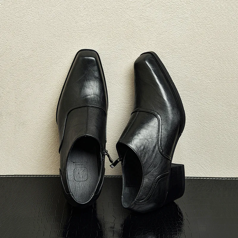 5cm High Heel Square-head Leather Shoes for Men's Cowhide Leather Formal High-end Derby Shoes Gentleman Wedding Party Shoes