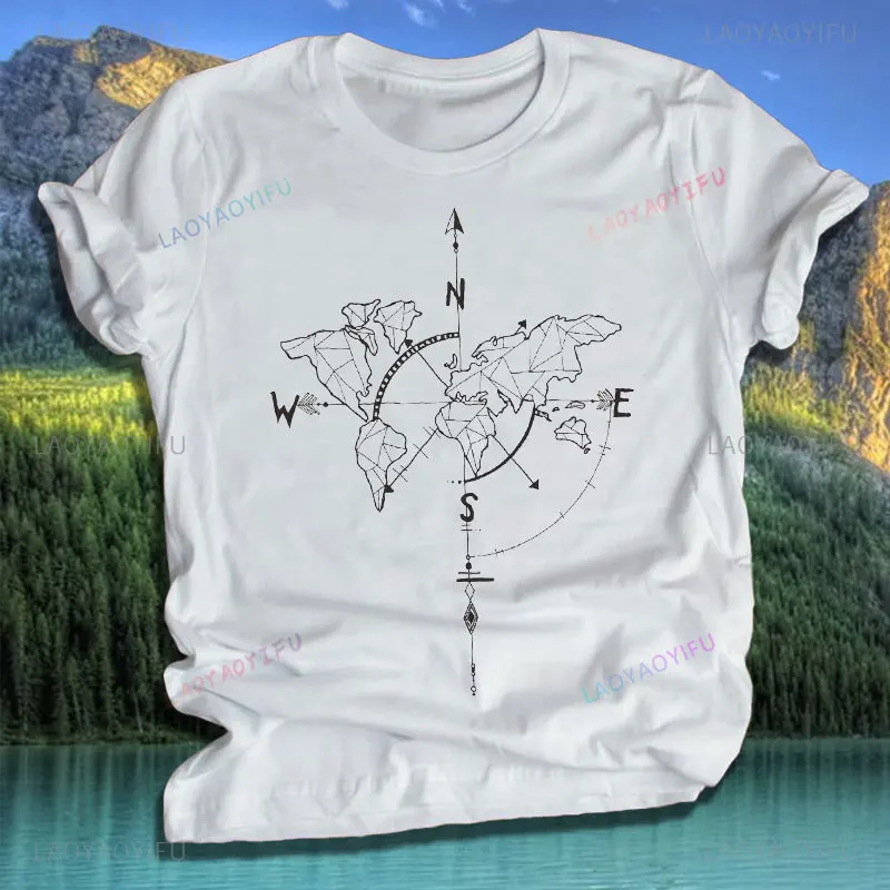 Geometric Compass Printing T-shirt Travel Trend 90s Style Summer Fashion Pretty Cotton Tshirt Nice Tee Top Graphic Women T-shirt