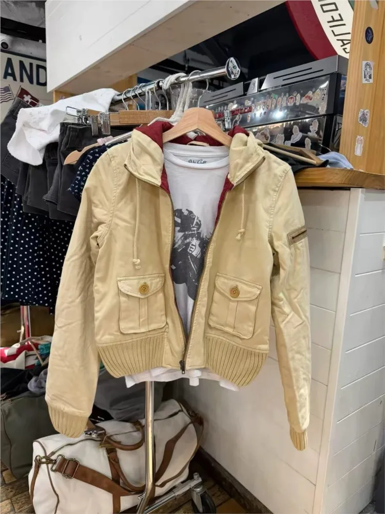 Vintage Cargo Pocket Slim Hoodie Jacket Women Cotton Khaki Thick Warm Drawstring Coat Tops Preppy Style  Y2KCropped Outerwear