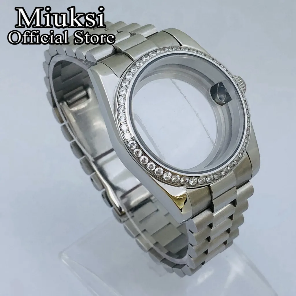 Miuksi 36 mm/40 mm silbernes Uhrengehäuse, Saphirglas-Edelstein-Lünette, passend für NH35 NH36 NH34 NH38 ETA2824 2836 Miyota8215 PT5000 Uhrwerk