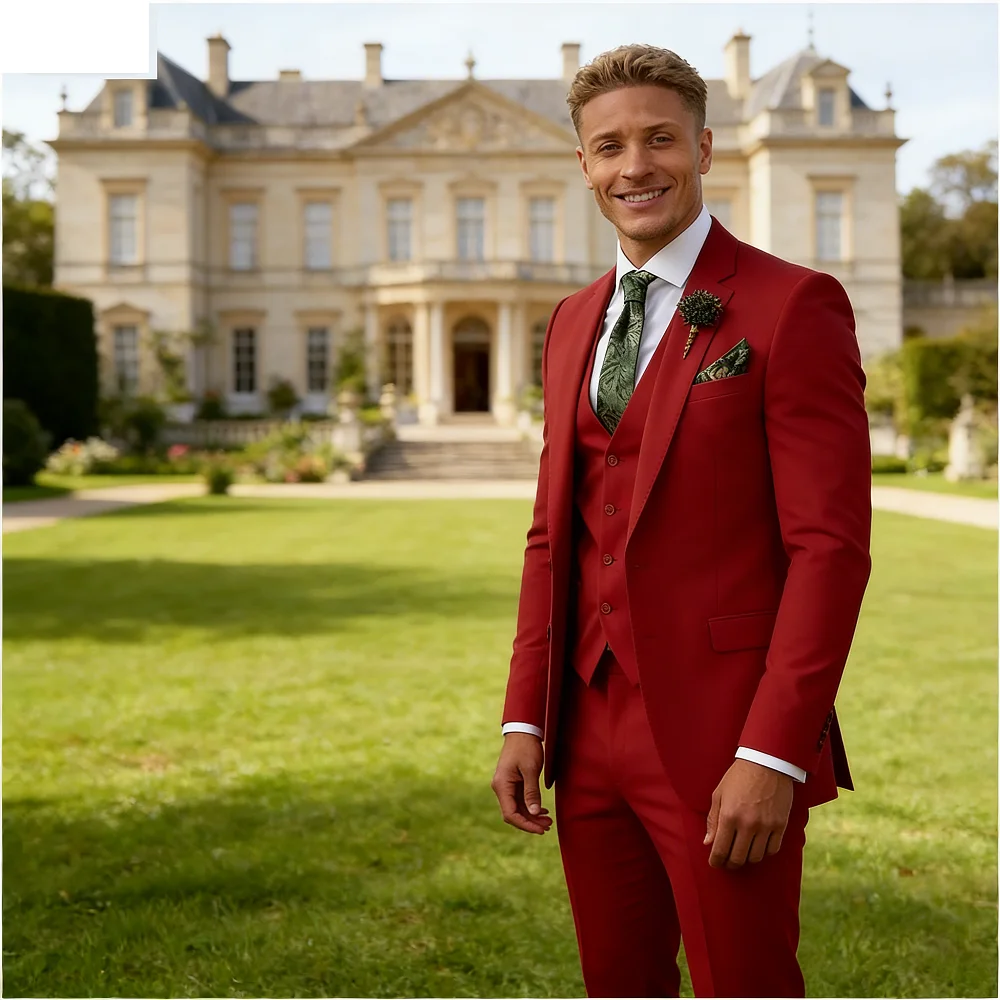 

Элегантный мужской костюм-тройка цвета изумрудной зелени: пиджак с отложным воротником + жилет + брюки. Идеально для свадьбы, для жениха, смокинг.