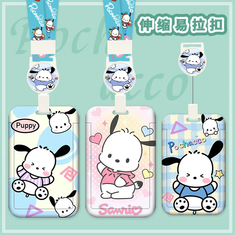 

Sanrio Pochacco Cartoon Card Holder Chest Badge Work ID Retractable Buckle Hanging Rope Bus Meal Card Student Pick-Up Gift