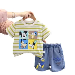 2024 Summer Boy Clothes set Mickey Mouse stripes camicia a maniche corte + pantaloncini di jeans Set tempo libero 0-5 anni set di vestiti per bambini