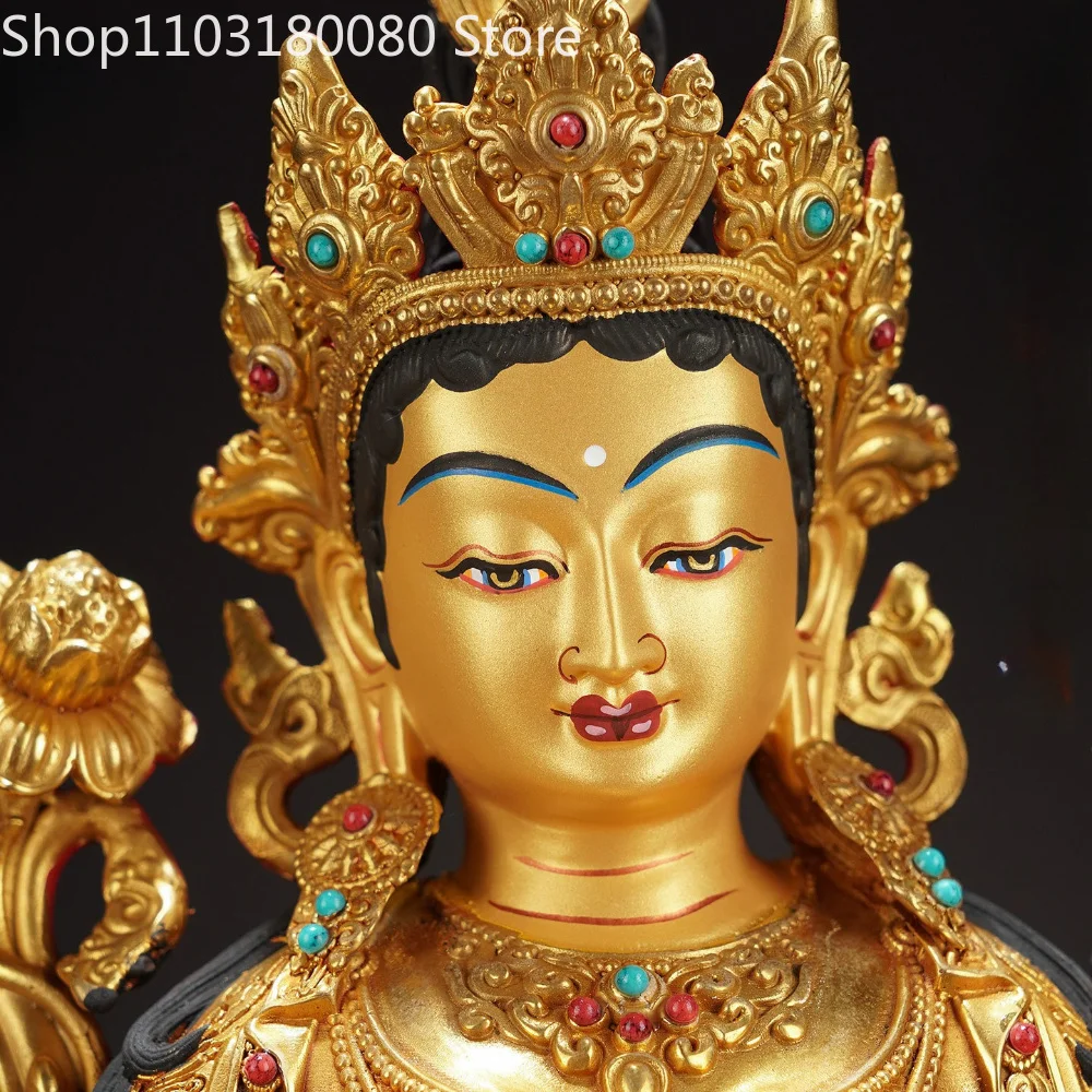 33cm Gilt Brass Green Tara Statue Tibetan Buddhist Deity Goddess of Swift Liberation Sculpture Altar Decor