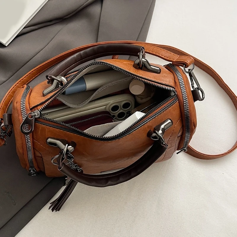 Practical Tassels Adorned Shoulder Bag Large Capacity Handbag PU Leather Crossbody Bag with Adjustable Strap For Women