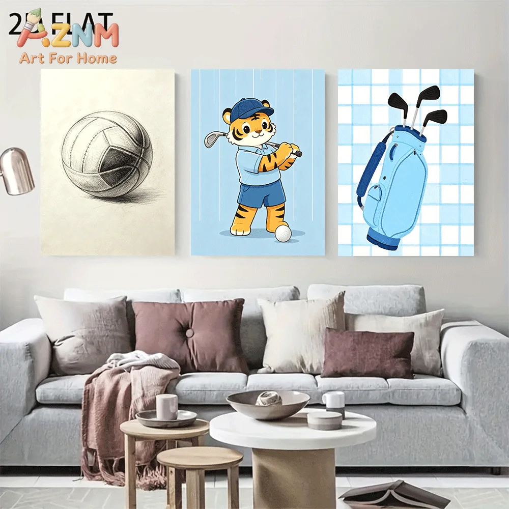 AZNM Frameless Canvas Wall Art, Cartoon Tiger Golf Player Volleyball Sketch Print, Cute Sports Themed Wall Decor for Living Room