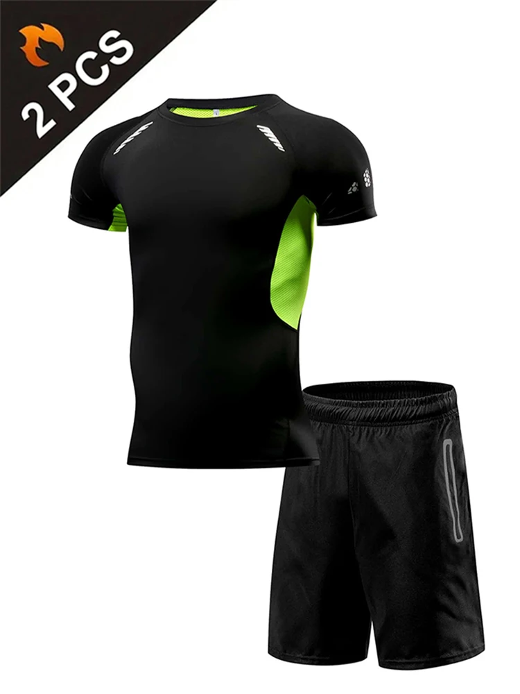 2 PCS Set Men's Quick-Drying Compression T-Shirt and Sports Active Shorts