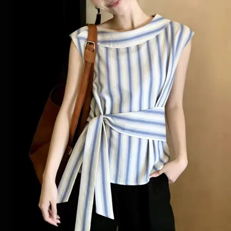 

Женская сине-белая полосатая блузка без рукавов с вырезом-лодочкой, завязками на талии и асимметричным подолом, элегантная офисная повседневная летняя рубашка