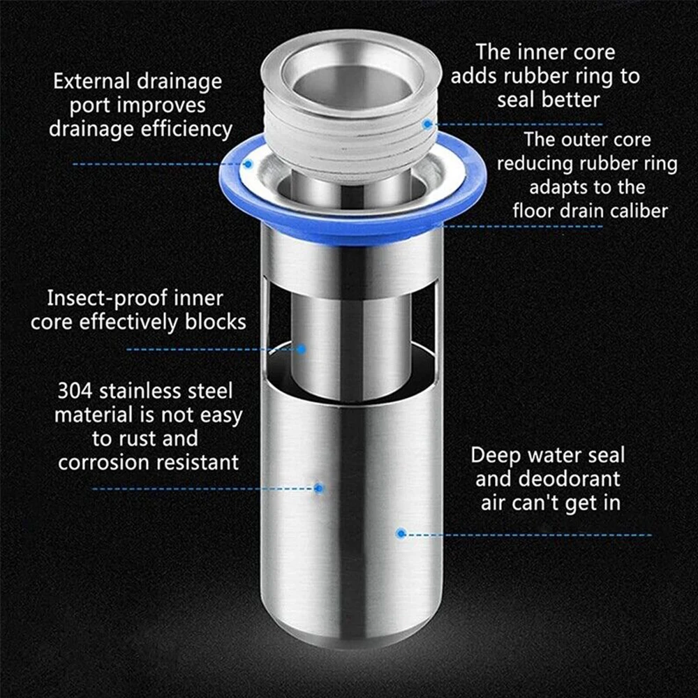 304 Stainless Steel Floor Drain Dual Core Deodorant Insect Proof Deep Water Sewer Cover Sink Strainer Plug Bathroom Accessories