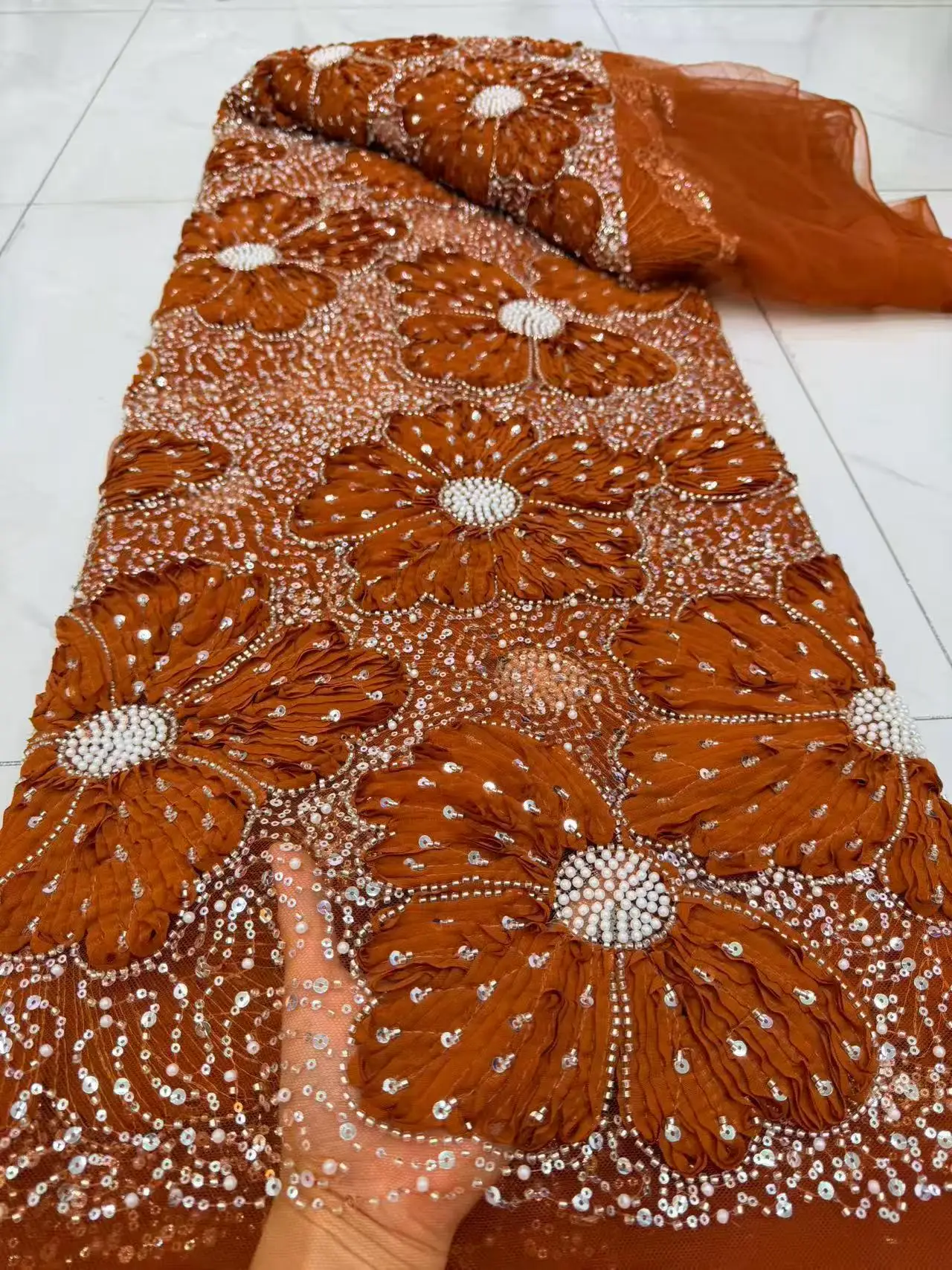 Soft Embroidered Beaded Tube Lace Fabric with Sequins Delicate Elegant Best Quality for Party Evening Dress Sewing Material