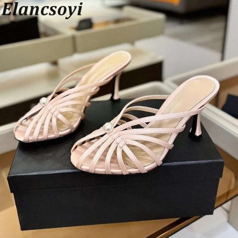 Dress Shoes Women's Pearl Decor Thin High Heels Slippers Thin Strip Design Closed Toe Sexy Sandals Summer Banquet Shoes Pumps
