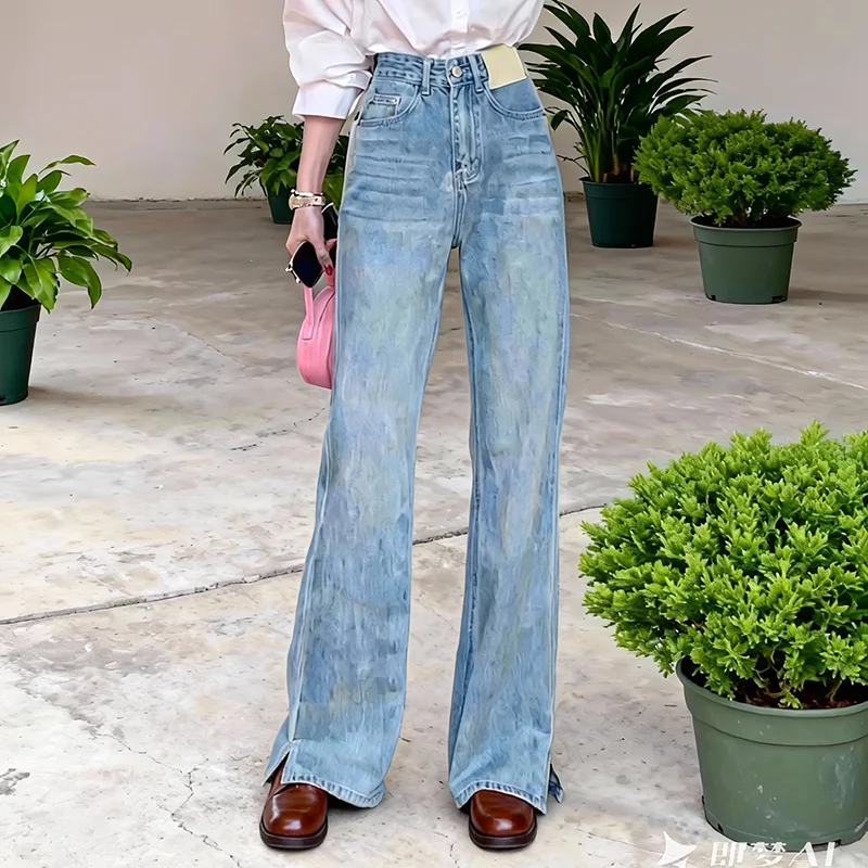 PBAP Light Wash Baggy Jeans Korean Cleanfit Pockets Whiskers Loose Casual Straight Wide Leg Denim Pants Vintage Woman Clothes