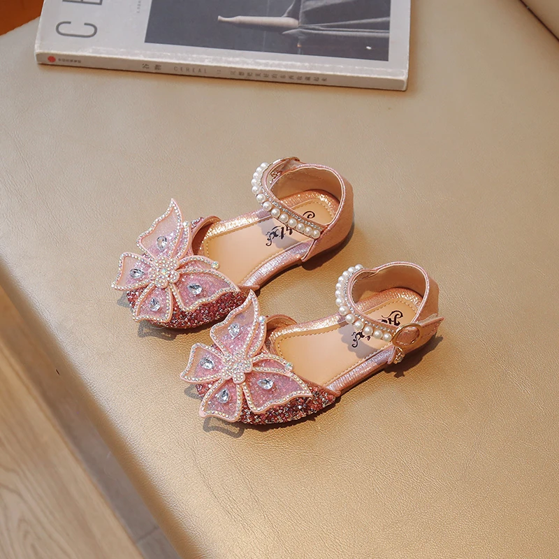 Kids Girls Princess Sandals Rhinestone Butterfly Pearls Summer Dancing Shoes Children Girls Shiny Glitters Flat Soles Shoes