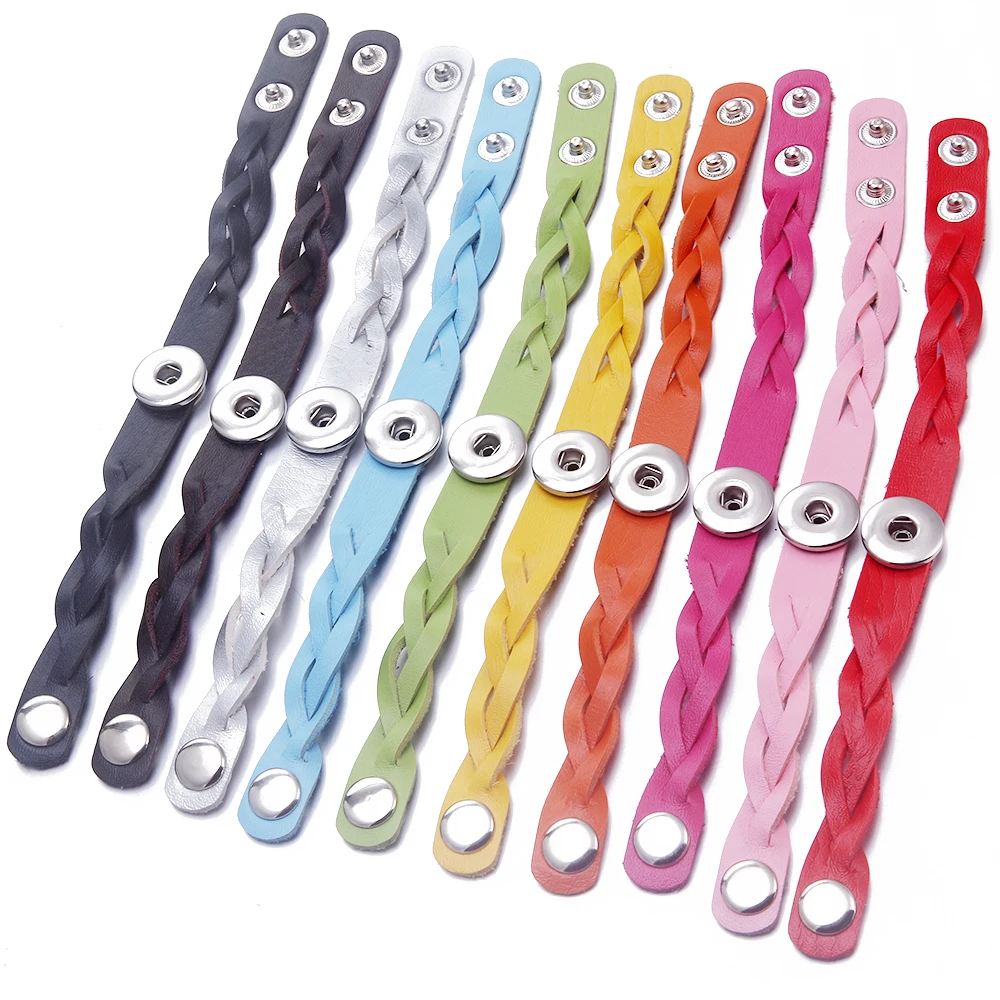 New 10pcs colorful PU leather bracelet twist style Solid Color 22cm fit 18mm snap buttons DIY snap jewelry wholesale