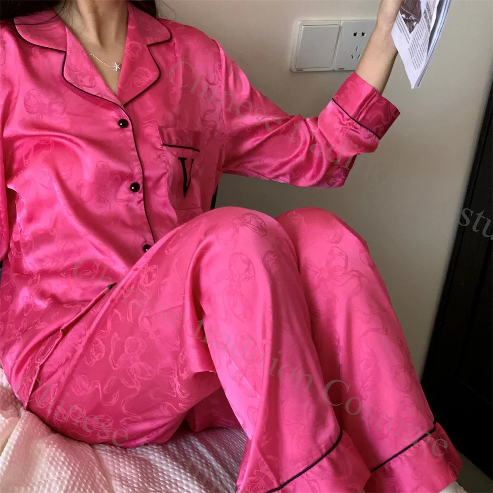 Hot Pink Bow Pijamas Set 2Pcs Loungewear Rayon Homewear Women Loose Sleepwear Luxury Embroider Letter Pyjamas Top&pants Outfit