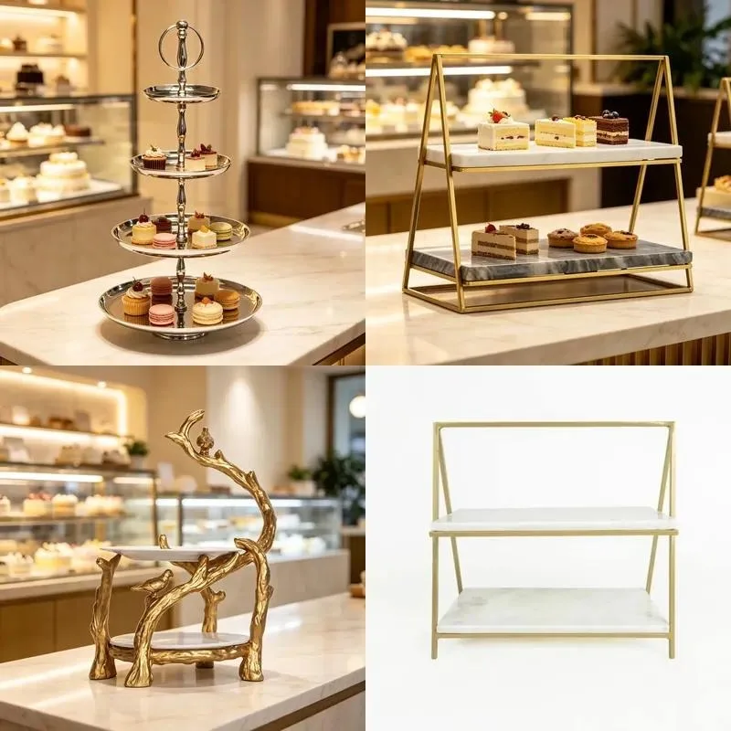 Luxury Modern Double Tier Cake Stand Gold Plated Heavy Metal White Marble Base Non Collapsible Display Rack for Catering