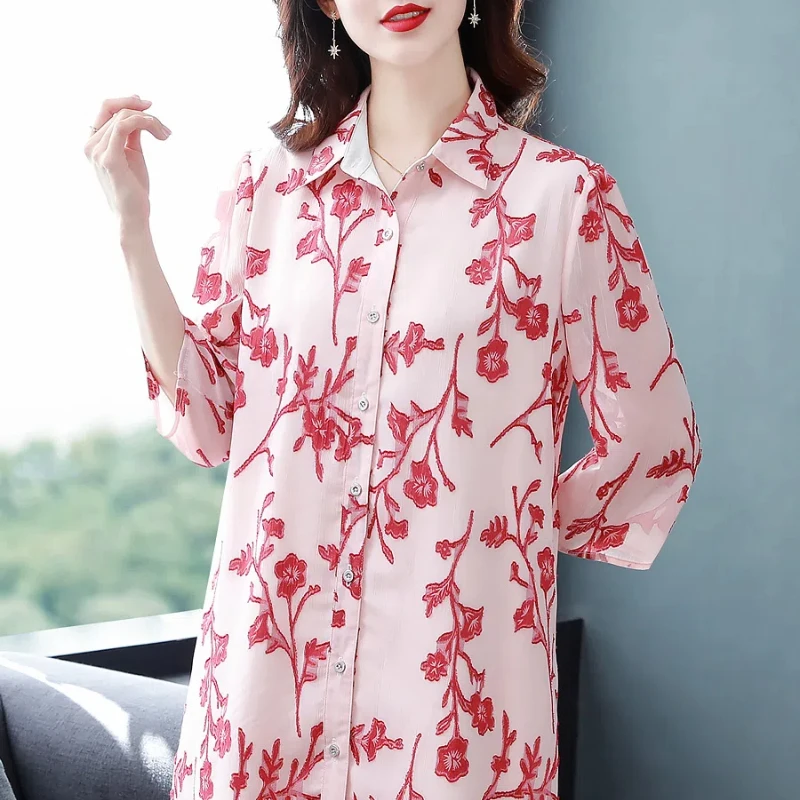 Simplicity Fashion Summer New Women\'s POLO Collar Printing Single Breasted Casual Loose Mid-length 3/4 Sleeve Chiffon Shirt Tops