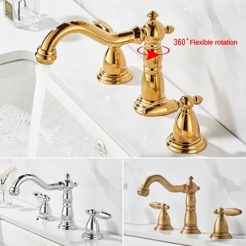 European Brass Three-Hole Bathroom Faucet 8-inch Split Type Hot  Cold Sink Faucet with 360° Rotatable Undercounter Faucet