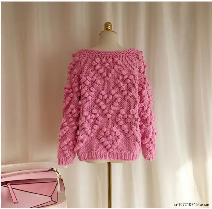 2023 Winter Pink Ball Cardigans Women Lantern Sleeve Knitted Loose Sweaters Oversized Open Stitch Ladies Outerwear Poncho Women