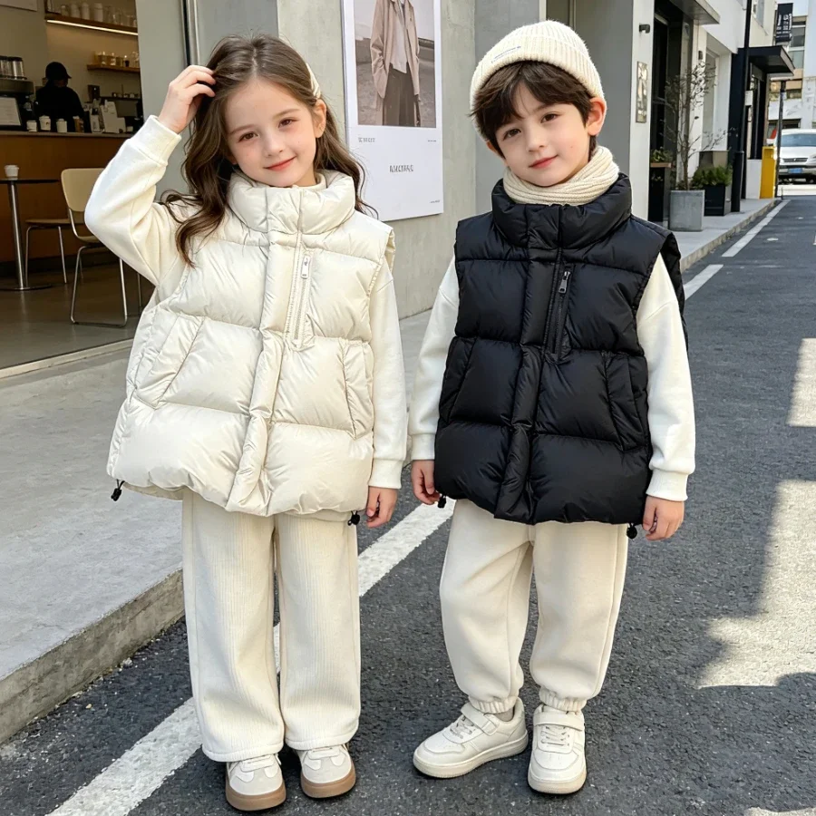 Kids Lightweight Down Vest Puffer Gilet Stand Collar Zip Up Sleeveless Jacket School Boys Girls Winter Warm Outerwear 2-13 Years