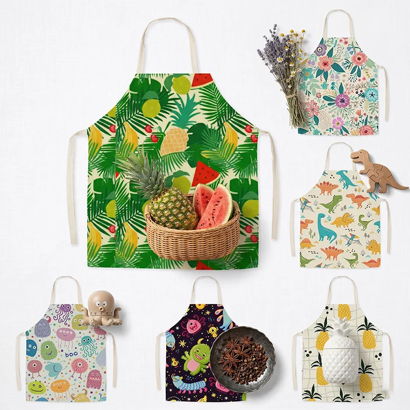 Tropical Fruit Floral Kitchen Apron for Women Men Cute Dinosaur Monster Print Linen Cooking Baking Bib Cleaning Tablier Delantal