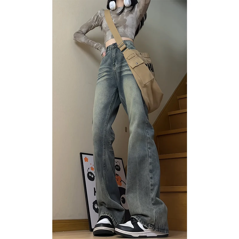 

Американские винтажные синие мужские джинсы с ножом, свободные широкие брюки с высокой талией, весна-осень, расклешенные брюки High Street Cleanfit