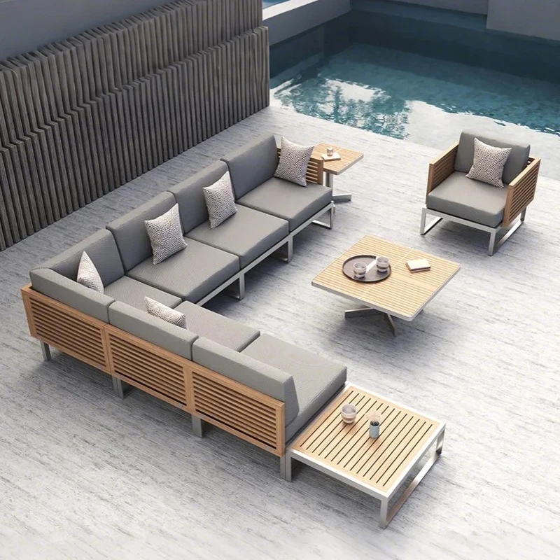 

Teak Wood Backrest Aluminum Base Combination Outdoor Sofa Garden Furniture Waterproof Sofa Set