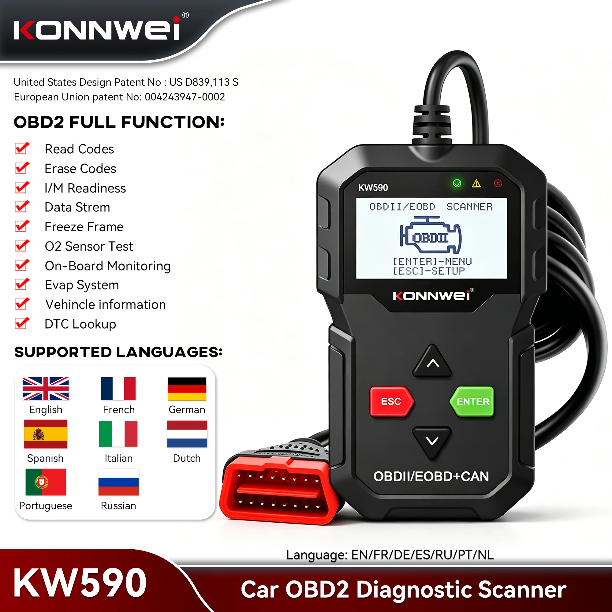 konnwei-kw590-obd2-車両故障診断スキャナー-エンジンリアルタイムデータ読み取り-クリーンコード故障データ印刷-obdii-診断スキャニングツール