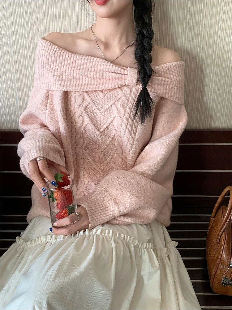 Daily Casual Women Soft Knitted Pullover 2026 Vintage Off Shoulder Design Cable Knit Long Sleeve Sweater