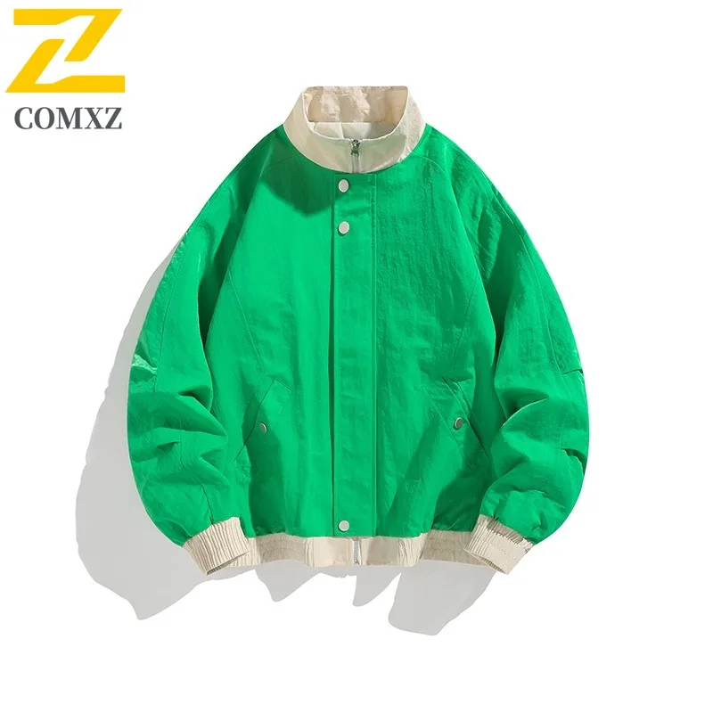 

COMXZ Stand Collar Jacket 2025 Men Outdoor Mountaineering Water Repellent Color Block Contrast Coat Travel Casual Top Garment