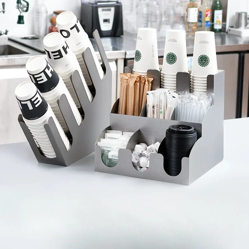 Commercial Stainless Steel Bar Storage Rack Coffee Shop Cup Dispenser & Napkin Cup Multi-grid Catering Service Counter Accessory