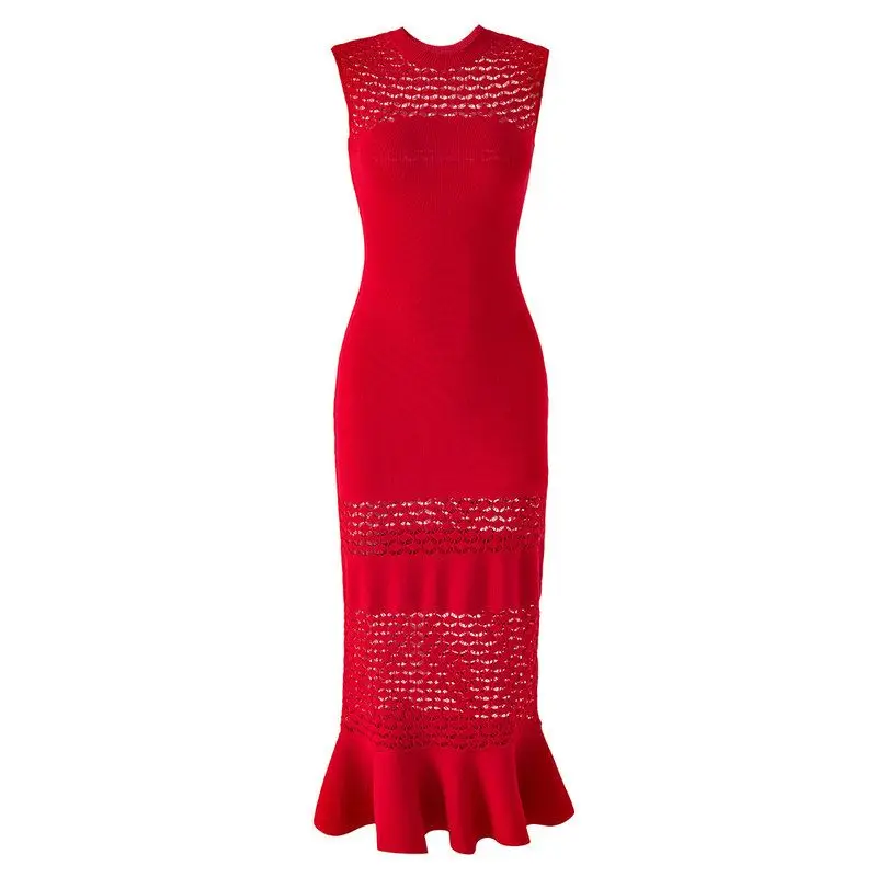 

Elegant Red Knitted Hollow out Bodycon Dress with Fish Tail Design Sleeveless round Neck Fit for Date Spring Season Ladies