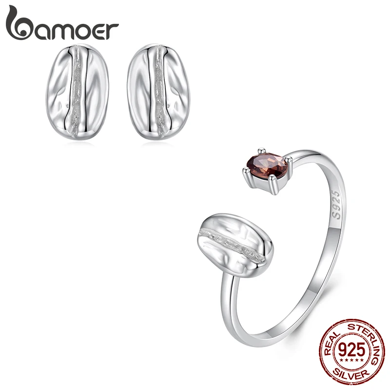 Bamoer 925 Sterling Silver Original Coffee Bean Open Ring Earrings Brown Cute Food  For Women Party Anniversary Fine Jewelry Set